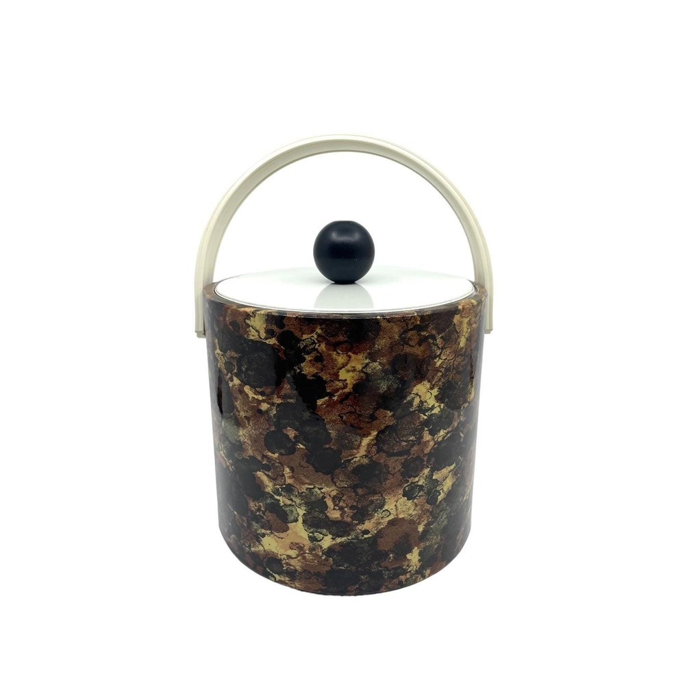 1970s Vintage Faux Tortoiseshell Ice Bucket Black  Knob Lid